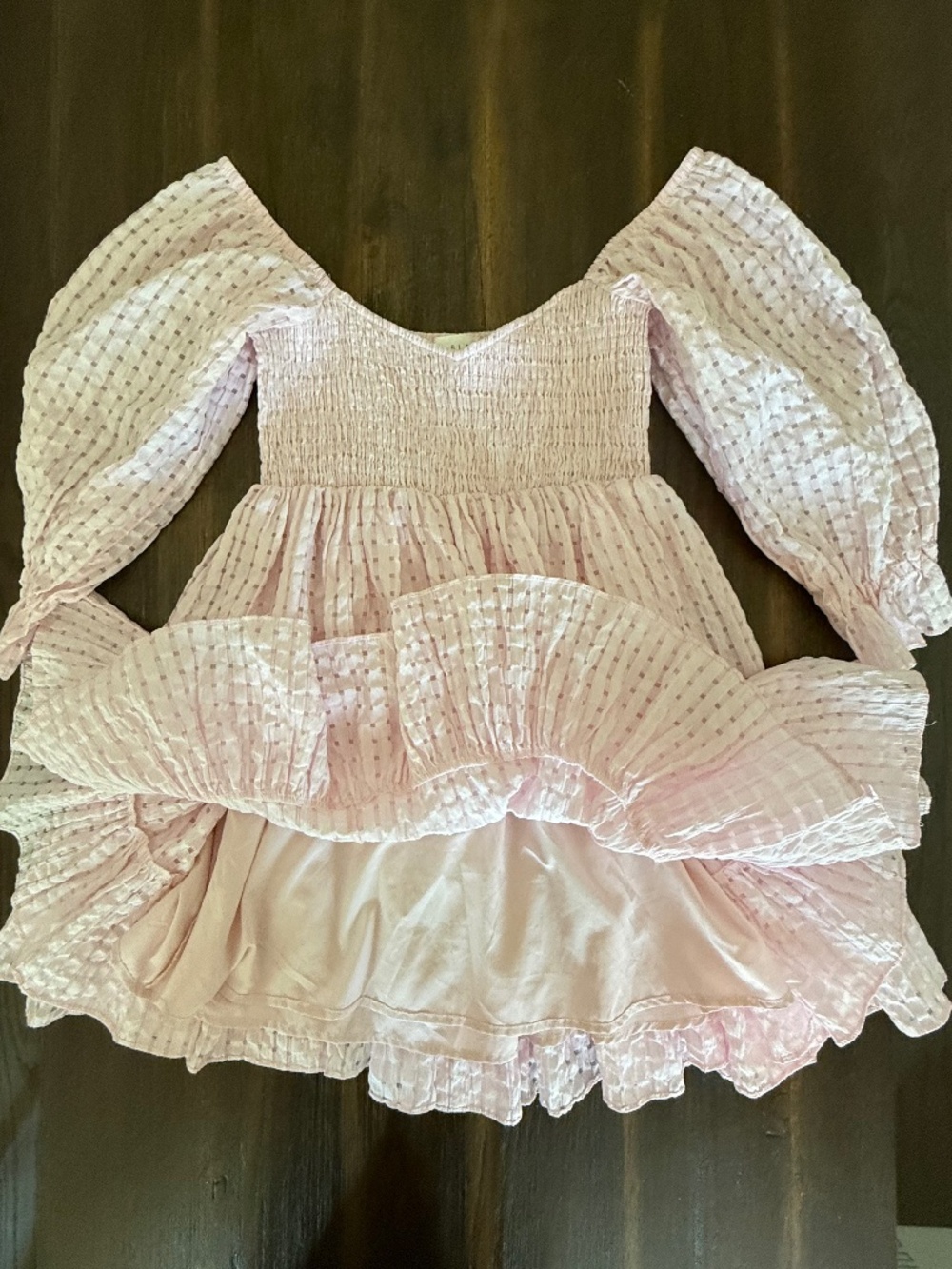MABLE Pink Smocked Puff Sleeve Textured Check Tiered Babydoll Mini Dress Small - Picture 11 of 16